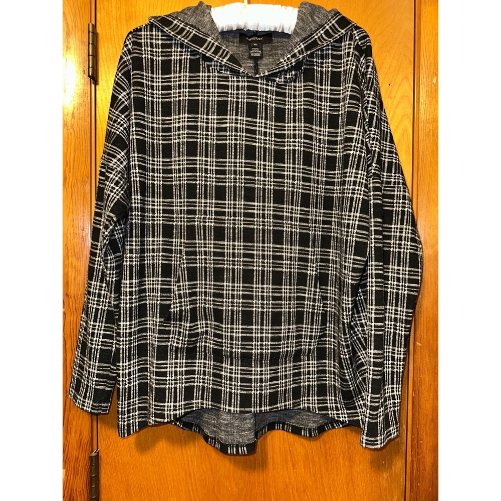 Karen Kane Pullover Hoodie Women Size XS Black Plaid Pocket Short Sleeve Sweater
